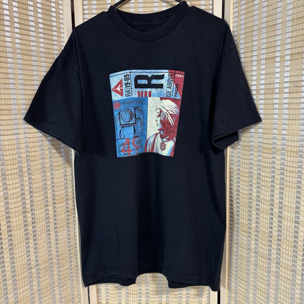OBEY Shirt Men's Large Black Front Graphic Elephant Short Sleeve